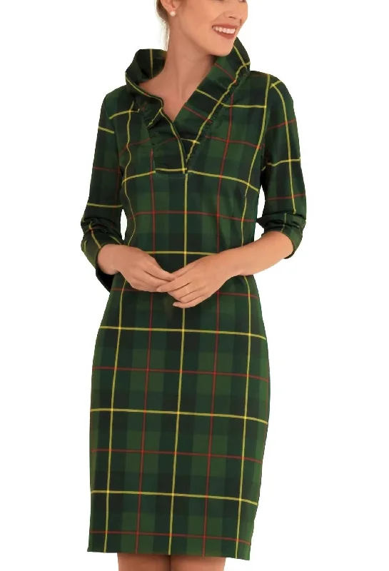 Plaidly Cooper Ruff Neck Dress In Green Multi Travel Essentials