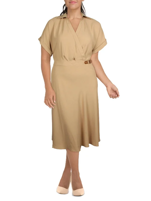 Plus Womens Surplice Tea Midi Dress Versatile Wardrobe Essentials