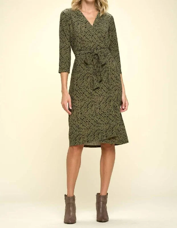 Print V-Neck Wrap Dress In Olive Seasonal Fashion