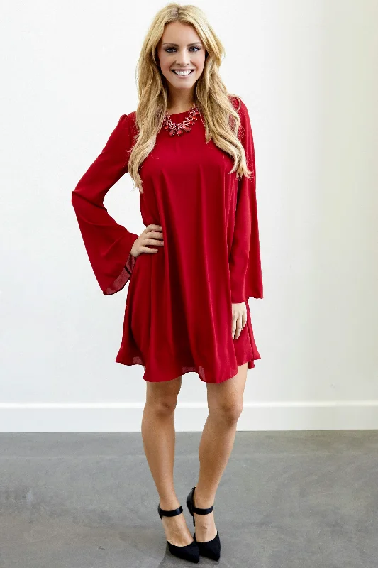 Red Chiffon Bell Sleeve Dress Premium Style