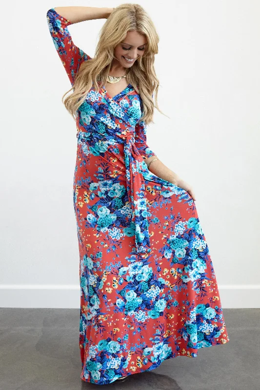 Red Floral Draped 3/4 Sleeve Maxi Dress Special Offer