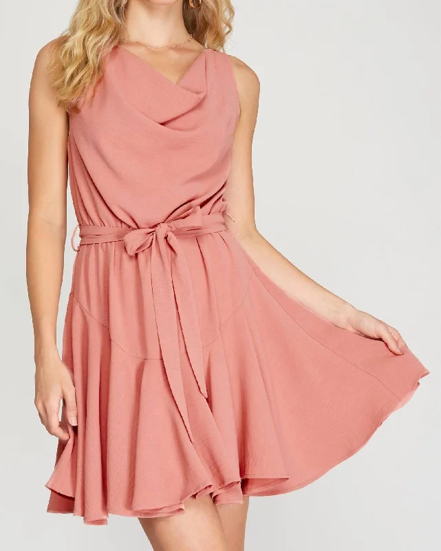 Sleeveless Cowl Neck Flounce Woven Dress With Sash In Dusty Rose Stylish Spring Fashion