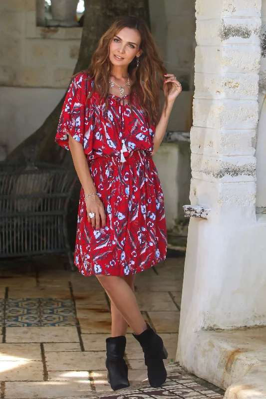 Strawberry Bouquet Floral Rayon Tunic-Style Dress in Strawberry from Bali Casual Chic Clothing