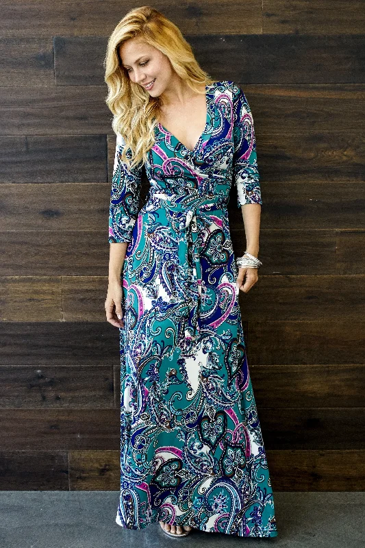 Teal Bohemian Draped 3/4 Sleeve Maxi Dress Everyday Glamour