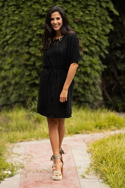 Thalu in Black Cotton Knitted Belted T-Shirt Dress in Black from Peru Luxury Fashion