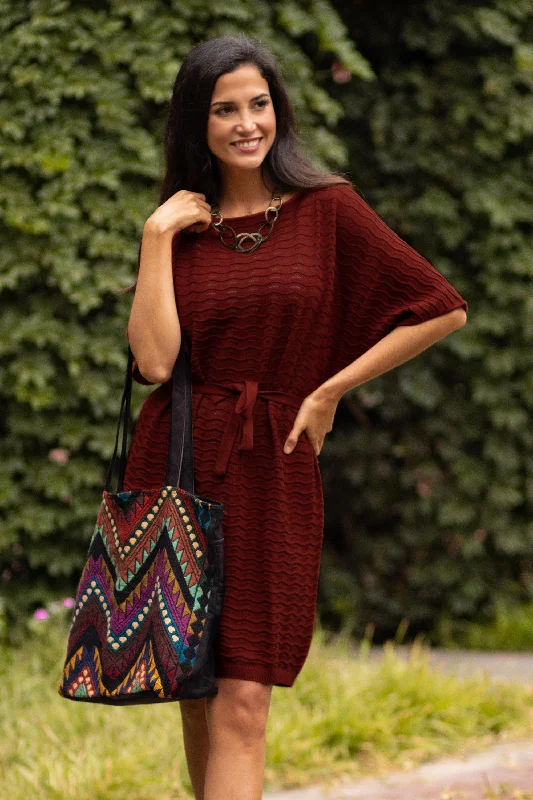 Thalu in Rust Cotton Knitted Belted T-Shirt Dress in Russet Red from Peru Must-Have Styles