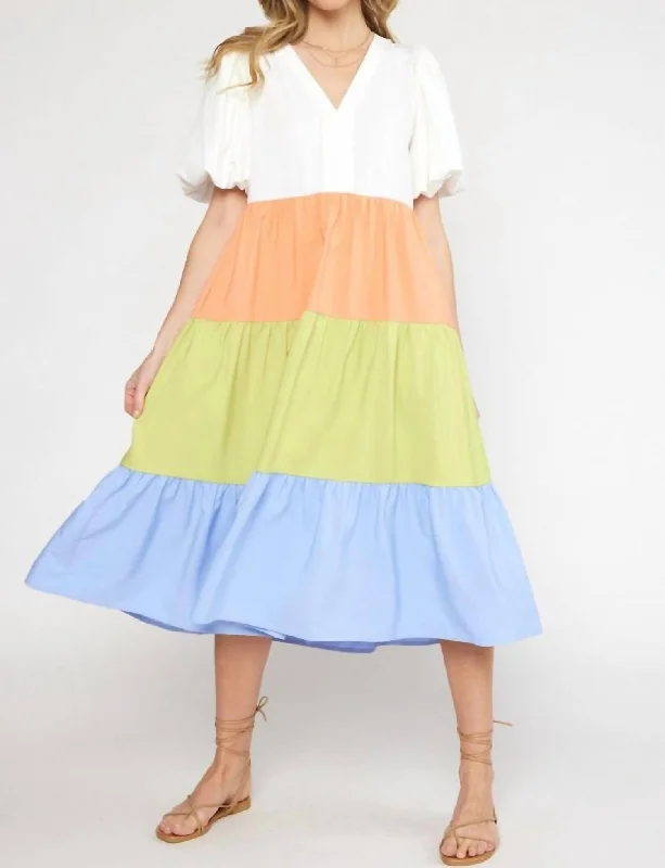 The Encanto Tiered Color Block Midi Dress In Off White Combo Romantic Date - Night Ensemble