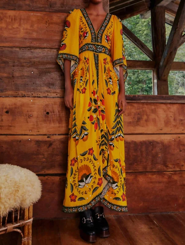 Tropical Tapestry Kaftan Dress In Yellow Elegant Contour