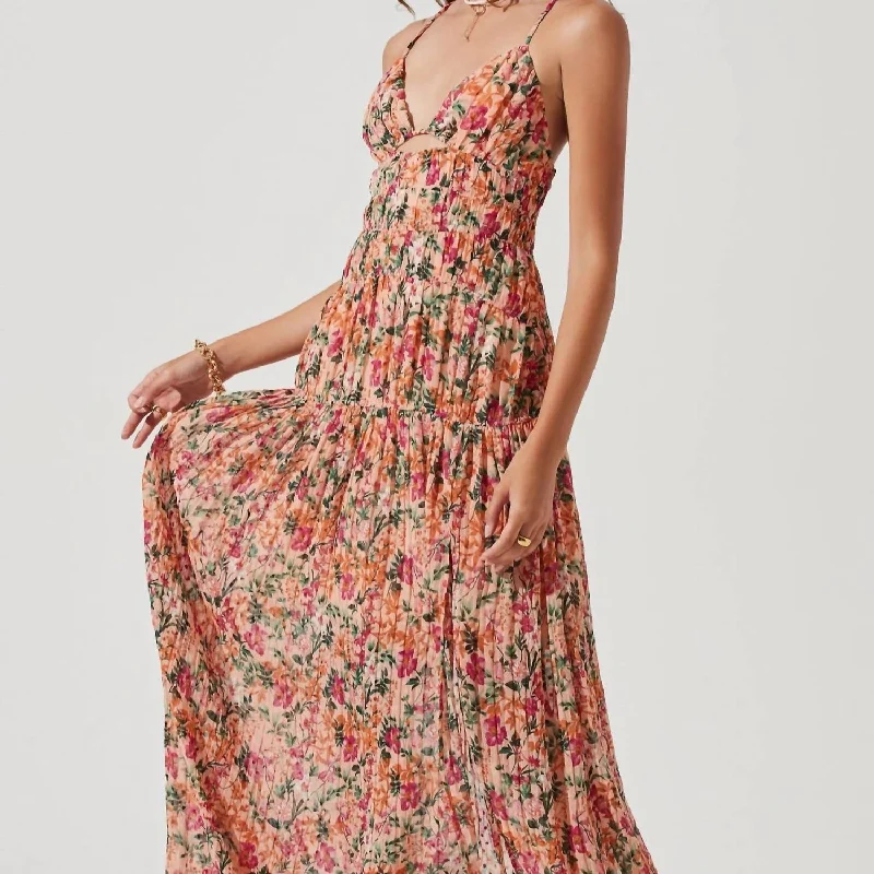 Tropics Plunge Neck Open Back Maxi Dress In Peach Fuchsia Floral Hollywood Glam Award - Show Style