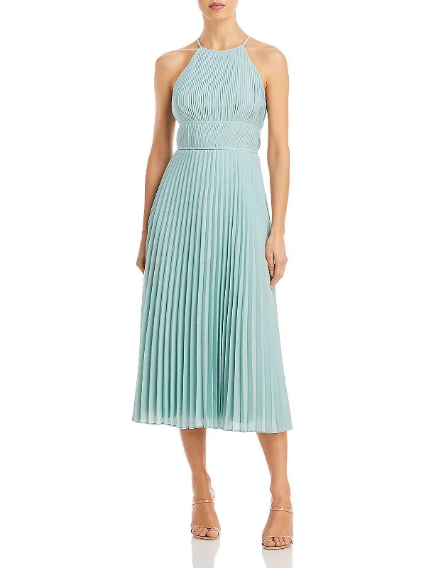 Womens Pleated Tea-Length Halter Dress Elevated Style