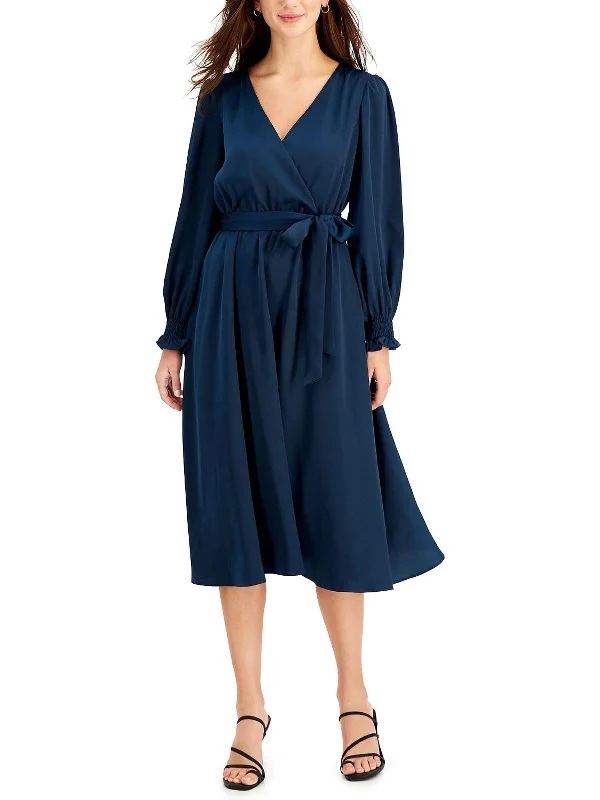 Womens Satin Long Sleeves Midi Dress Anniversary Sale