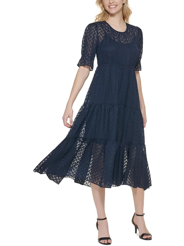 Womens Tiered Elbow Sleeves Midi Dress Style Revolution