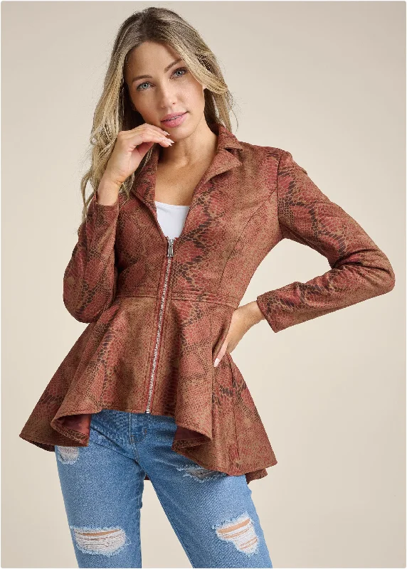 Python Print Hi-Low Faux Suede Jacket - Tan Multi Effortless Sophistication