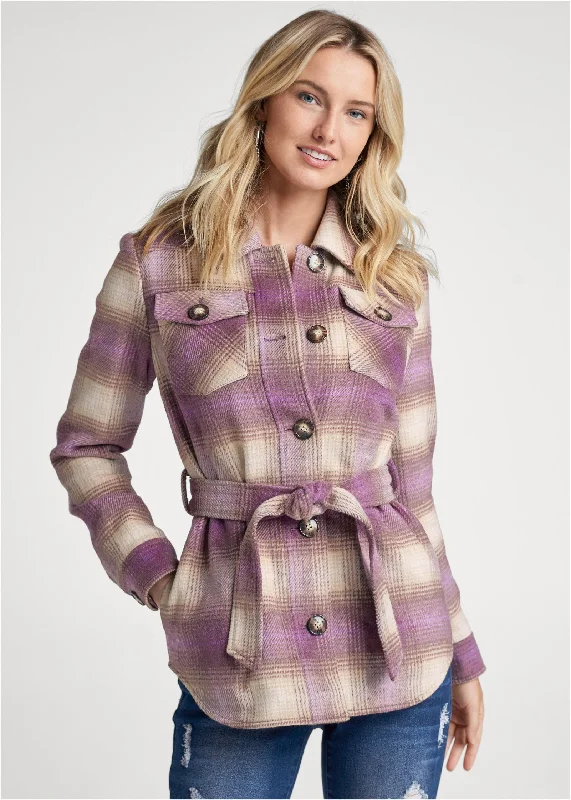 Plaid Shacket With Belt - Purple Multi Sophisticated Fashion