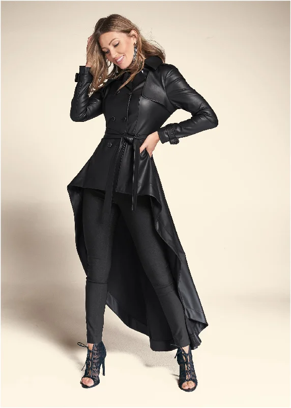 High-Low Faux-Leather Coat - Black Hot Trends