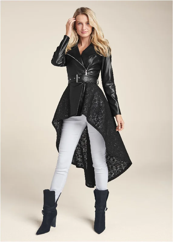 Faux Leather And Lace Detail Trench Coat - Black Limited Quantities