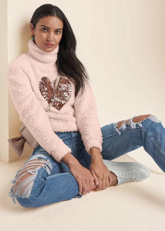 Heart Sherpa Sweatshirt  - Peach Blush Crazy Discounts, Hurry Up