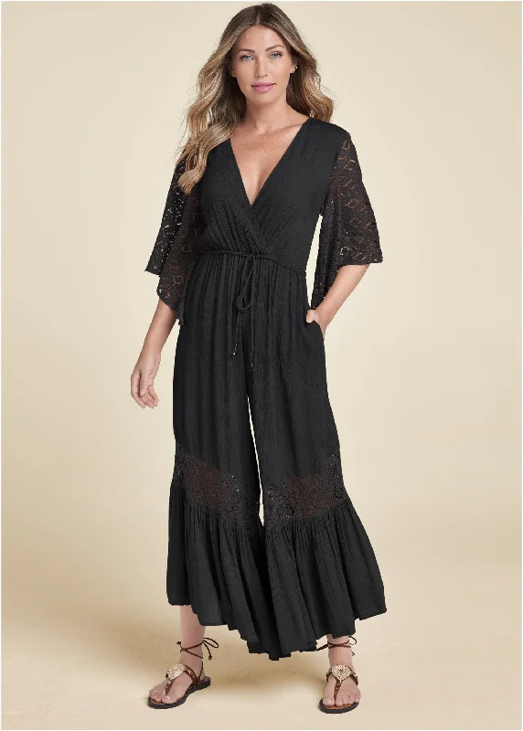 Wide Leg Lace Trim Jumpsuit - Black Ethnic Cultural Event Wear