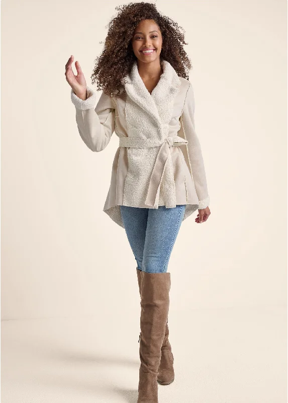 Reversible Faux Suede/Sherpa Coat - Cream Bold Patterns