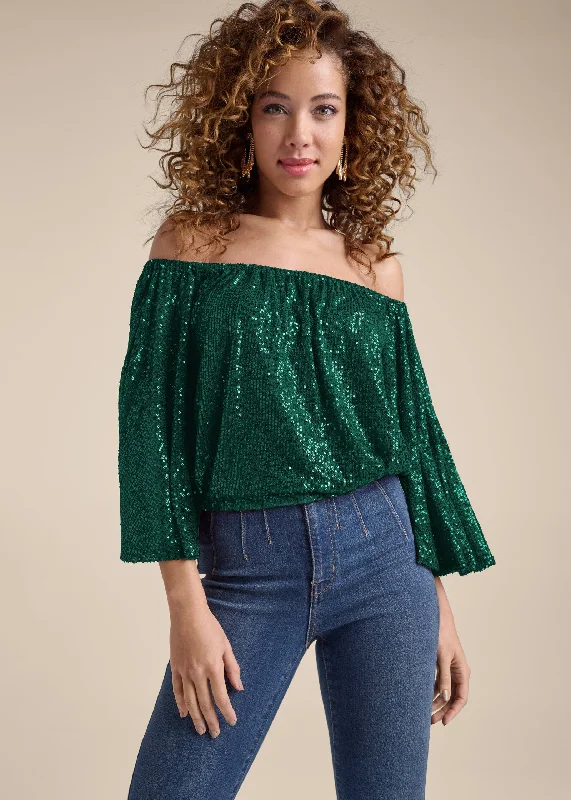 Off-The-Shoulder Sequin Top - Dark Green Great Prices On Feminine Styles