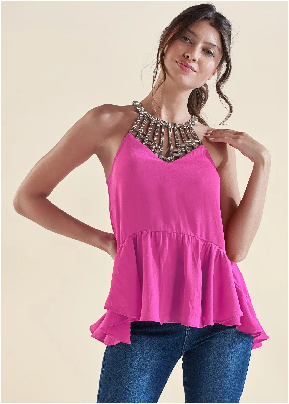 Embellished Neckline Top - Fuchsia Mega Sale