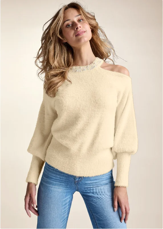 Cozy Cold Shoulder Pearl Accent Sweater - Off White Evening Looks