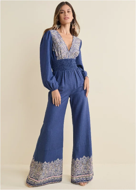 Printed Wide Leg Jumpsuit - Blue Multi Discover Now