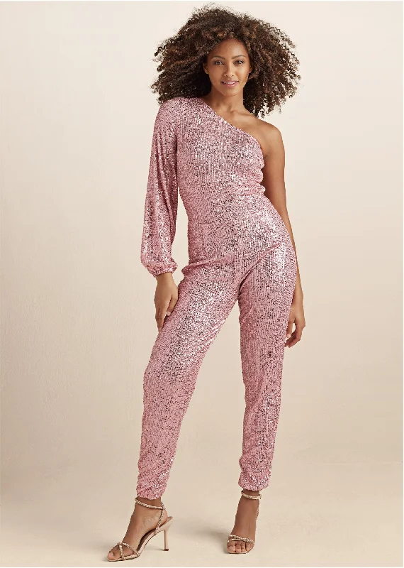 Sequin One-Shoulder Jumpsuit - Peach Fashion Forward