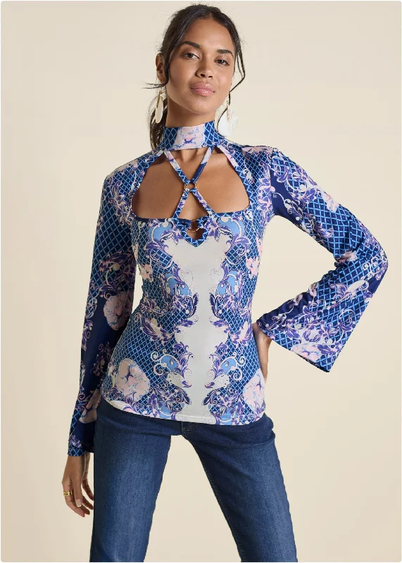 Strappy Mock-Neck Top - Purple Multi Luxury Style