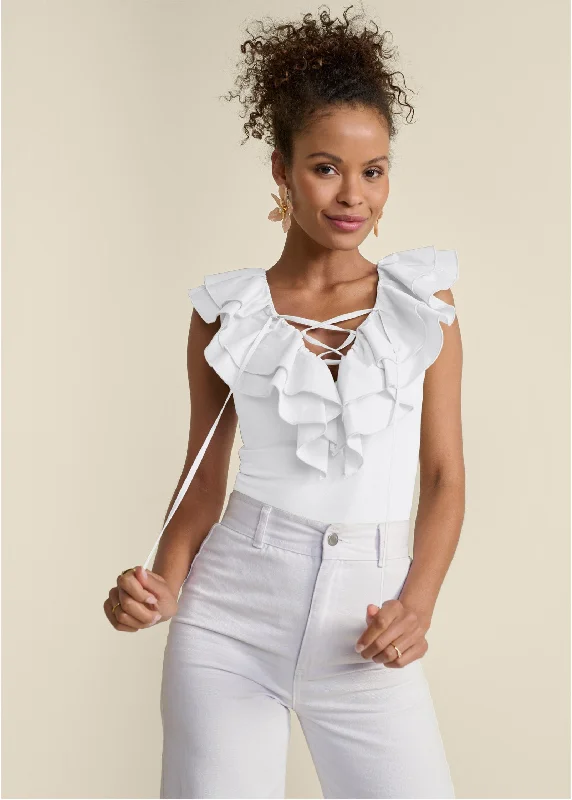 Poplin Ruffle Bodysuit - White Chic Style, Always In Vogue