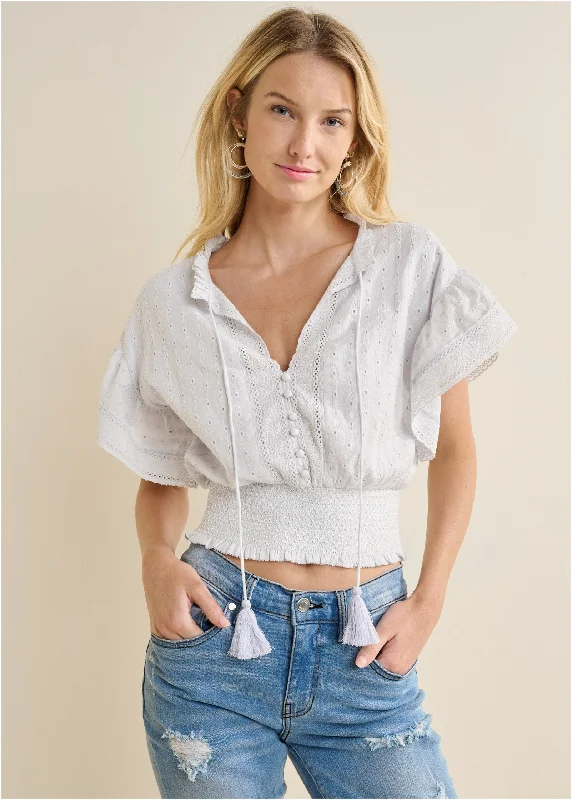 Eyelet Flutter Sleeve Top - Off White Gift Ideas