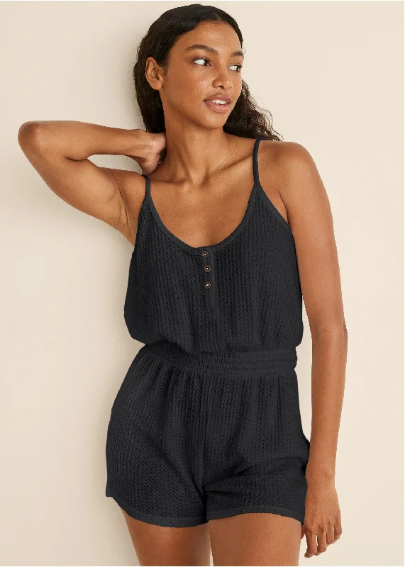 Cozy Waffle Romper - Black Hot Styles