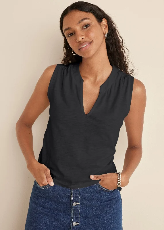 V-Neck Shirred Tank - Black Big Savings